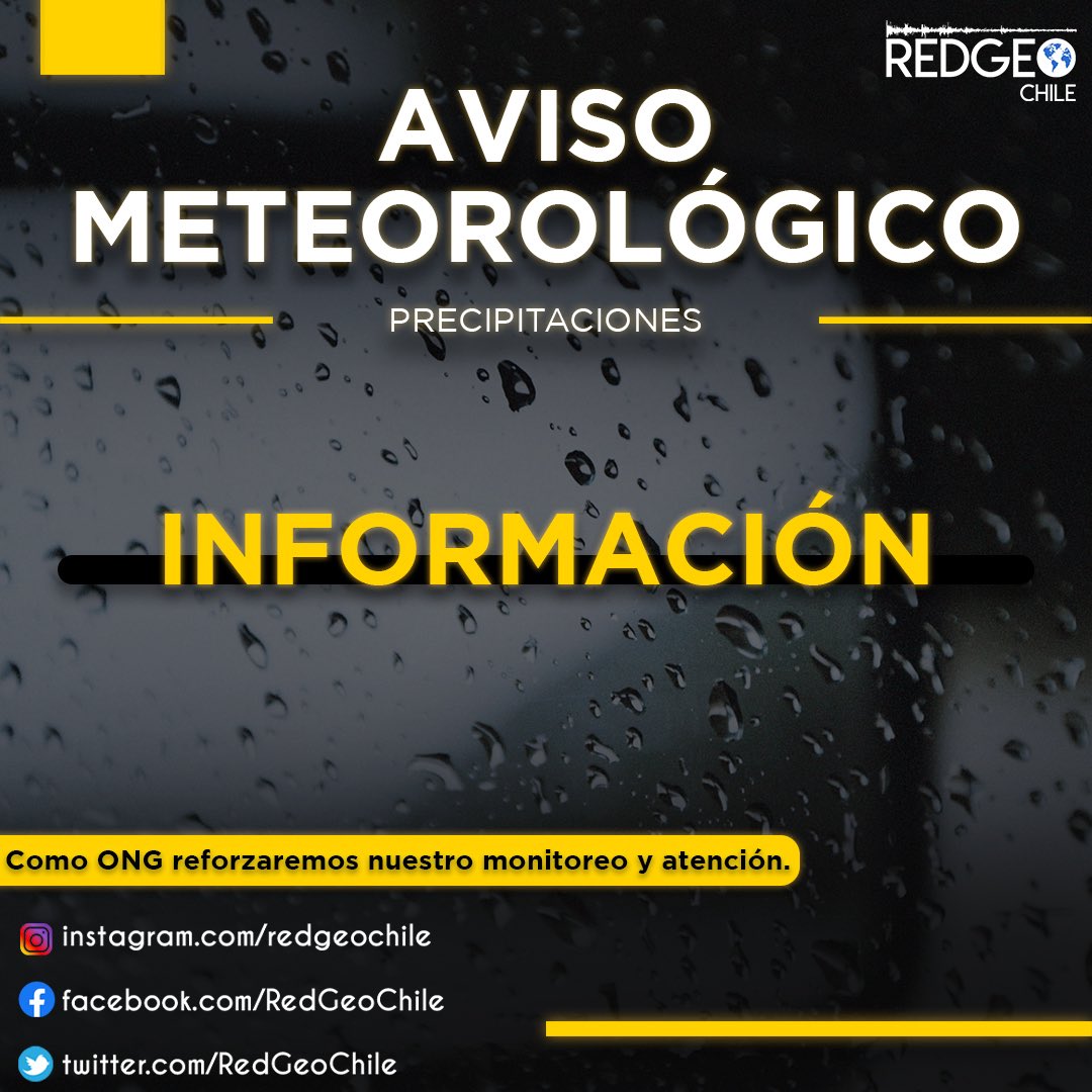 RedGeoChile's tweet photo. 🟡 AVISO METEOROLÓGICO POR PRECIPITACIONES NORMALES A MODERADAS EN LA ZONA NORTE DEL PAÍS 🌧️ 

La Dirección Meteorológica de Chile (@meteochile_dmc) emitió un aviso por precipitaciones de intensidad normal a moderada en el norte del país, asociadas a la presencia de una baja segregada. Este sistema genera inestabilidad atmosférica y favorece el desarrollo de nubosidad convectiva, lo que puede dar origen a chubascos de variada intensidad, especialmente en sectores interiores y cordilleranos.

El evento se desarrollará desde la tarde del miércoles 28 de enero y se extenderá hasta la noche del jueves 29 de enero de 2026, concentrando las precipitaciones principalmente durante las horas de la tarde y noche.

Las zonas afectadas corresponden a amplios sectores del norte grande, incluyendo:

📍 Región de Arica y Parinacota: Litoral, cordillera de la Costa, pampa, precordillera y cordillera de los Andes.
📍 Región de Tarapacá: Litoral, cordillera de la Costa, pampa, precordillera y cordillera de los Andes.
📍 Región de Antofagasta: Cordillera de los Andes.
