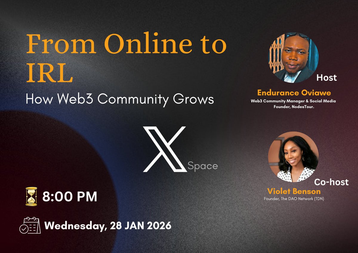 Hosting an X space today by 8pm 

On “From Online to IRL: How Web3 Community Grow”

With the most amazing, outstanding co-host <a href="/phygitalviolet_/">Violet Benson (Pre-seed arc)</a> (Founder, <a href="/thedaonetwork_/">THE DAO NETWORK (TDN)</a> )

Don't miss it for anything 
x.com/i/spaces/1RDxl…