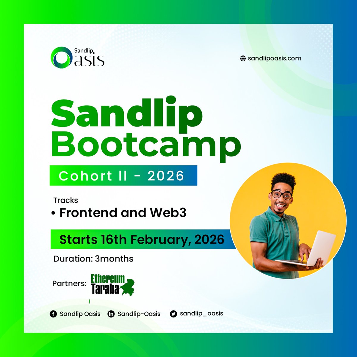 sandlip_oasis's tweet photo. No be joke ooo 😄
Sandlip Bootcamp – Cohort II (2026) registration is now OPEN! 🎉

If you don dey think say “I need better skills” or “I gats step up this year“ this bootcamp fit be the move. Practical learning, real support, and people wey dey serious about growth.

Begins this February on the 16th
Register here:https://t.co/i661TuRfUX

No dulling — slots are limited, so register on time!

#SandlipBootcamp
#Tech
#Web3Taraba
#Frontend