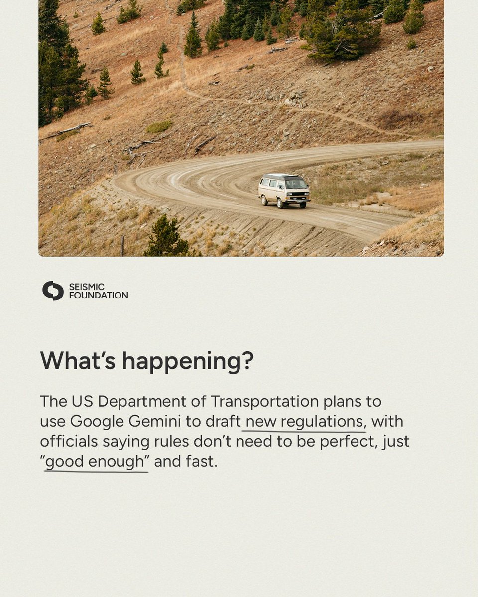 Seismicfound's tweet photo. The U.S. may soon use AI to help draft federal regulations. Supporters say speed matters. Critics warn that “good enough” laws, drafted by systems that can hallucinate or miss legal nuance, could put real lives at risk. When AI helps govern, scrutiny matters more than ever. https://t.co/bvpbXt7gg5