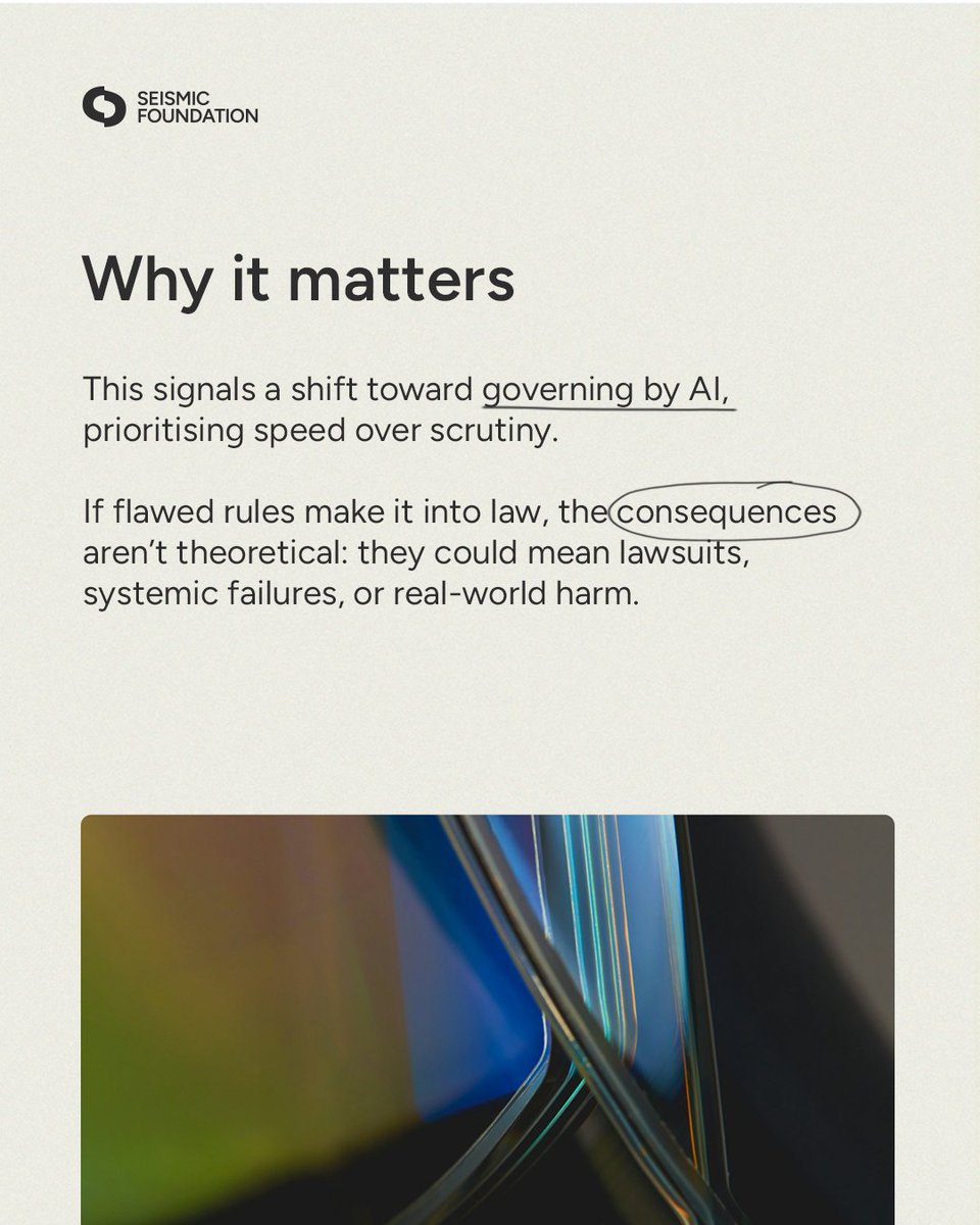 Seismicfound's tweet photo. The U.S. may soon use AI to help draft federal regulations. Supporters say speed matters. Critics warn that “good enough” laws, drafted by systems that can hallucinate or miss legal nuance, could put real lives at risk. When AI helps govern, scrutiny matters more than ever. https://t.co/bvpbXt7gg5