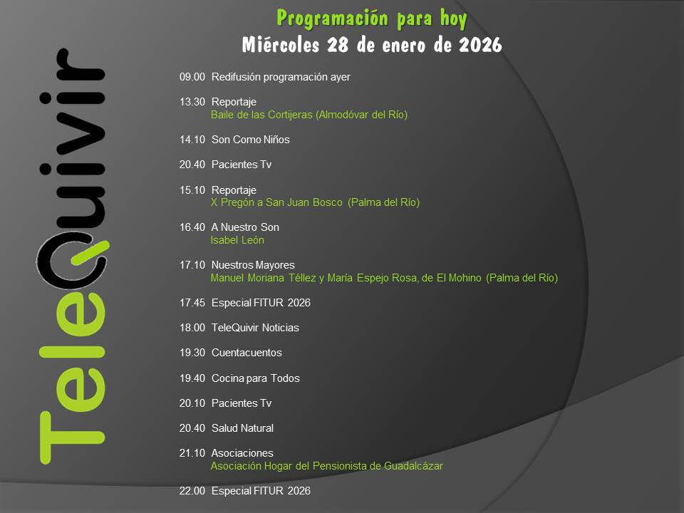 Programación para hoy 28 de enero en TeleQuivir.
Recuerda que puedes ver la televisión de la comarca en abierto en la TDT HD, y si vives fuera de ella, online en nuestros canales de Youtube y Twitch. ¡Suscríbite!
youtube.com/@telequivir/li…
twitch.tv/telequivir