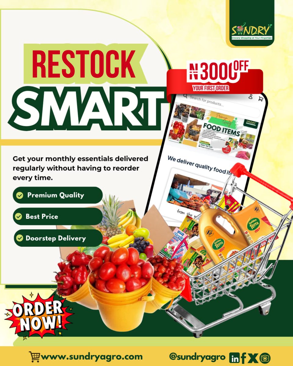 SundryAgro's tweet photo. Month-end is here. Your kitchen needs restocking!

Skip the market stress. Get your Family Essentials Bundle delivered to your door.
First-time buyers: ₦3,000 OFF 💚
FREE DELIVERY on orders from 28th Jan-1st Feb, 2026
Order now → link in comments.

#SundryAgro #MonthEndRestock https://t.co/GhWfj33Add
