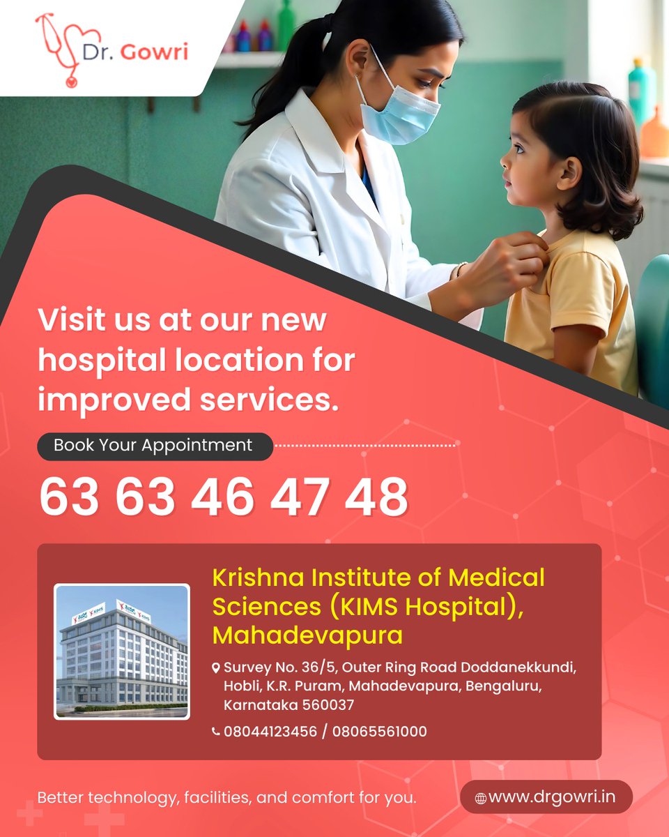 DrGowriC's tweet image. We’re excited to announce our new consultation locations!
Dr. Gowri Chinthalapalli is now available at KIMS Hospital, Mahadevapura.
Book your appointment now: 63 63 46 47 48
🌐drgowri.in
 
#DrGowri #KIMSHospital #Mahadevapura #BangaloreHealthcare #BookYourAppointment