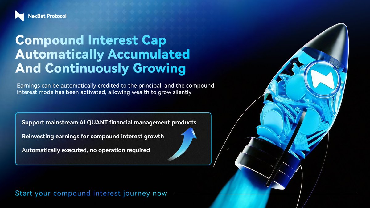 NexBatProtocol's tweet image. 🚀 Launch Alert: NexBat's Automatic Compound Interest Feature goes live Jan 28, 2026, 20:00 (UTC+8).

🔁 Earnings automatically reinvest. No manual steps needed. Grow your wealth effortlessly.

Harness the power of compounding with us.

#NexBat #CompoundInterest #DeFi #Crypto