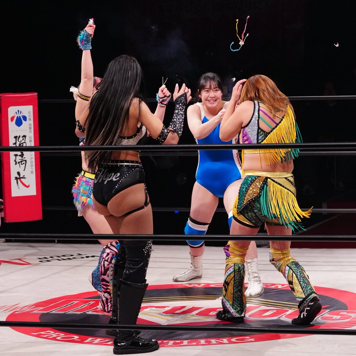 takedora11's tweet photo. 2026.1.28 マーベラス 新木場大会
永島さんお誕生日おめでとうございます🎉
#桃野美桜
#彩芽蒼空
#永島千佳世
#Amale
#マーベラスプロレス https://t.co/s6IDZQmfR4
