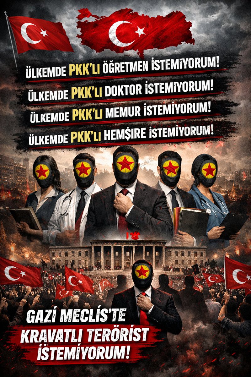 Ülkemde PKK’lı öğretmen istemiyorum.

Ülkemde PKK’lı doktor istemiyorum.

Ülkemde PKK’lı memur istemiyorum.

Ülkemde PKK’lı hemşire istemiyorum.

Milletin vergisiyle maaş alan, devlete sadakati olmayan kimseyi istemiyorum.

Gazi Meclis’te kravat takmış terörist de istemiyorum.