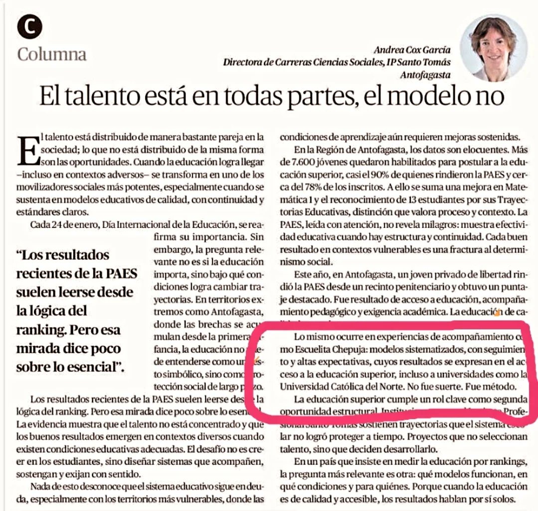 Hoy, la Jefa de Carrera de Trabajo Social de la @usantomas #Antofagasta reflexiona acerca de los resultados de la PAES, destacando los resultados obtenidos por la <a href="/escuelarebelde/">Escuelita Rebelde Chepuja</a>
CHEPUJA.
Gracias <a href="/Andrea_Cox/">Andrea Cox</a> 
@soyelsebacastillo autor del diseño de ingreso a la U de nuestros bbs.