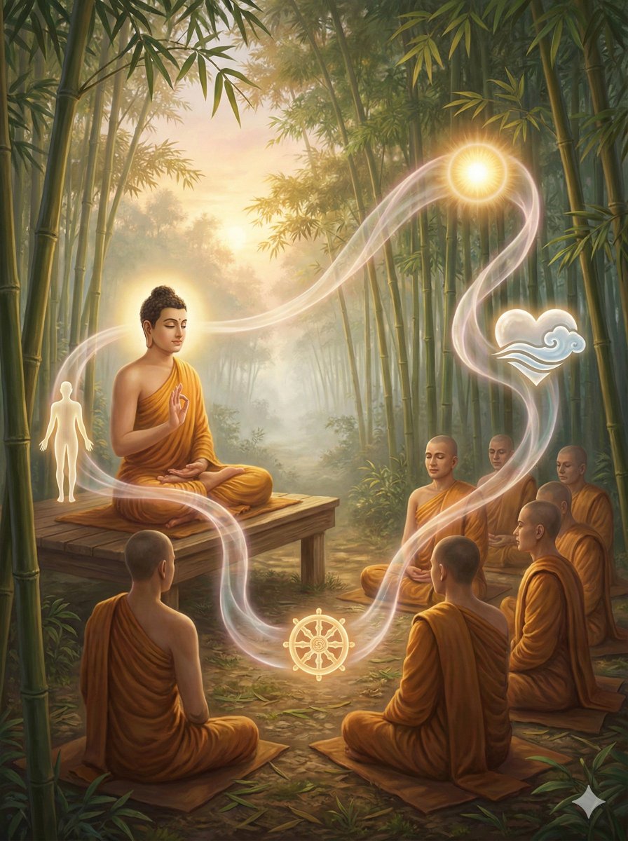 BuddhaBeings's tweet photo. One Breath, Four Doors of Mindfulness ☸️

In the Kimila Sutta, from Samyutta Nikaya scripture of The Pali Canon, Shakyamuni Buddha is asked about mindfulness of breathing. Venerable Kimila can’t answer - silent even when questioned three times - so Venerable  Ananda invites The Buddha to explain for everyone's benefit.

And The Buddha gives something wonderfully practical as below: 

- Mindfulness (Sati) begins by knowing the breath - long as long, short as short - then training with it more deeply. 

- The Buddha teaches the 16 aspects of breath meditation, arranged like four gentle "sets" that open into the four foundations of mindfulness: (1) Body, (2) Feelings, (3) Mind, and (4) Phenomena.

The heart of the Sutta is this: the breath isn't just a calming tool. It's a pathway that gathers the whole Mind.

As attention steadies, we naturally let go of covetousness and displeasure - the inner tug-of-war that keeps us restless.

The breath is like a single lamp, and as we hold it steadily, it lights up four rooms of our life - our Body, our Feelings, our Mind, and the Patterns behind them. One quiet practice… and the whole house becomes clear. 🙏

#Buddhism #Buddha #Buddhist #LetGo #LettingGo #PaliCanon  #Zen #BuddhaWisdom #compassion #Metta #Kindness #KindnessMatters #MindfulLiving #MindfulMovement #Mindfulness #Mindful #MindfulMoments #meditation #Meditate #MeditationMatters #Dharma #DharmaTalk #bookstoread #SpiritualJourney #spiritualawakening #spirituality #Wednesday