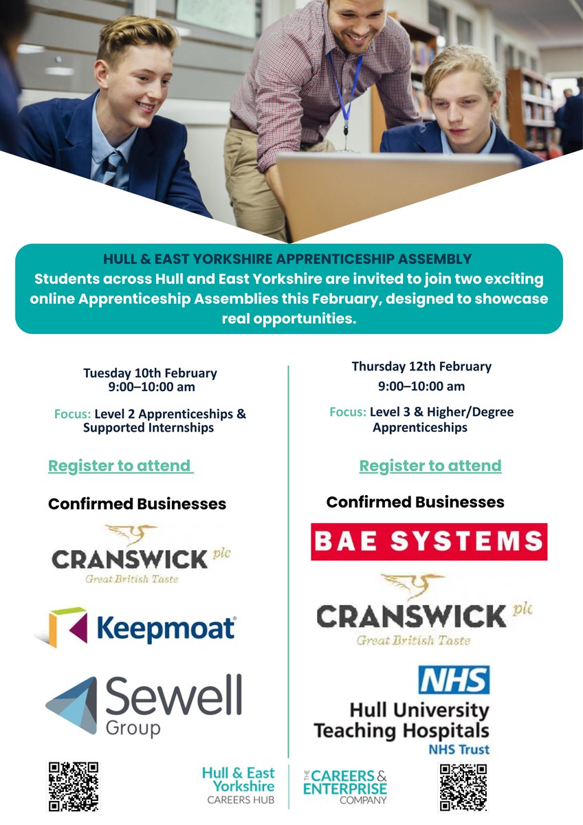 APPRENTICESHIP ASSEMBLY
Students across Hull &amp; East Yorkshire are invited to join 2 exciting online Apprenticeship Assemblies this February.

Tues. 10 Feb | 9:00–10:00AM
Register Here:
form.typeform.com/to/DxLEzb6m.

Thurs. 12 Feb | 9:00–10:00AM
Register Here: form.typeform.com/to/VpFn3Eu2.