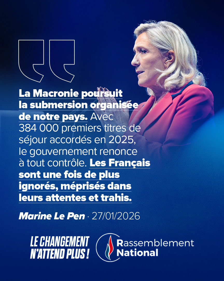 🔵 La submersion migratoire se poursuit, encore et encore !

À la tête du ministère de l’Intérieur, B. Retailleau a beaucoup parlé, mais il n’a rien fait. Pire : la situation s’est aggravée. 384 000 premiers titres de séjour, soit une hausse de plus de 11 % !

Pour en finir avec