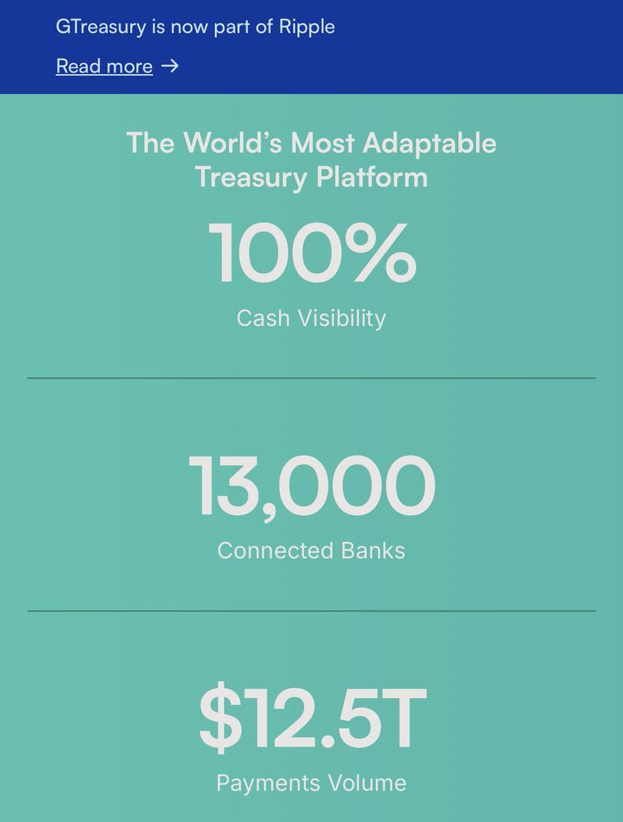 RIPPLE TREASURY IS NOW THE NAME OF THE COMPANY! 

PEOPLE WANT TO TALK ABOUT OTHER CRYPTOS CONNECTED WITH 40 COMPANIES LIKE LINK WITH SWIFT GARBAGE.WELL RIPPLE HAS 13,000  BANKS. TAKE A DIRT NAP BUDDY. 

12.5T PAYMENTS VOLUME. JUST WAIT TILL THIS GETS FULL FORCE WITH CLARITY  ACT.
