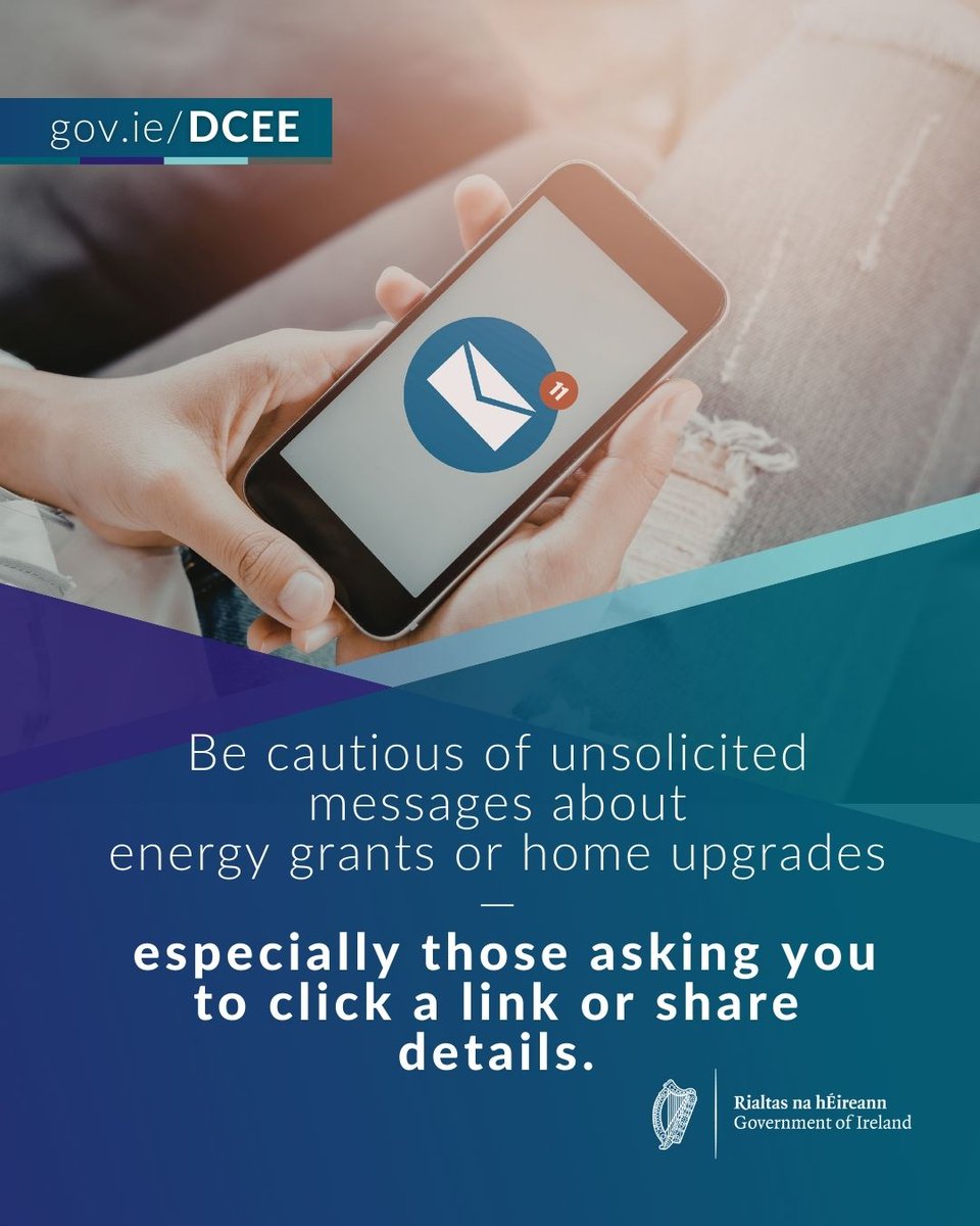 DeptCEE's tweet image. ⚠️ Scam texts and emails are on the rise ⚠️
Be wary of unexpected messages about energy grants or upgrades
Always check gov.ie for trusted information
If in doubt, don’t click
