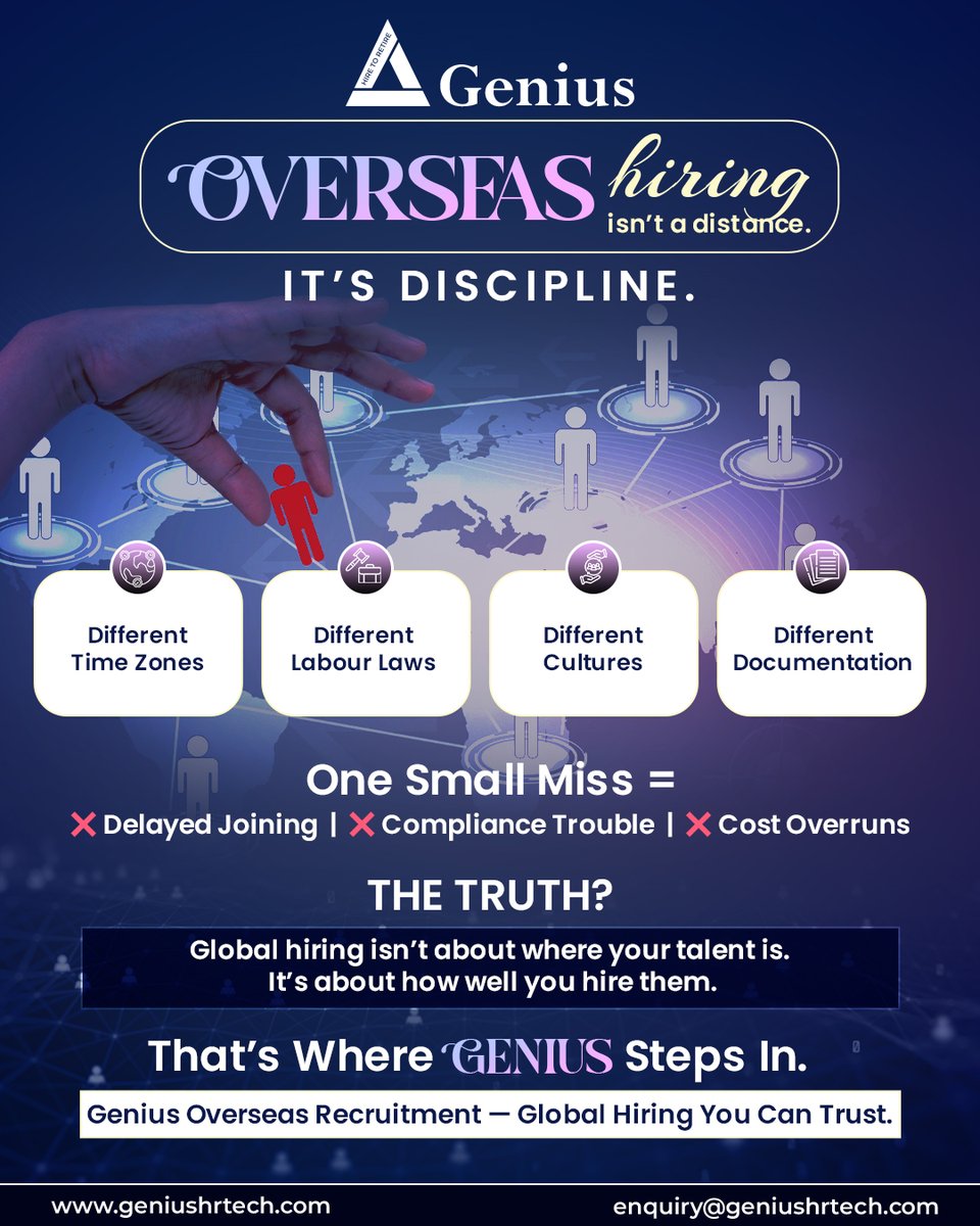 GeniusHRTechLtd's tweet image. Overseas hiring isn’t about miles on the map — it’s about mastery of the details.
Different time zones. Different laws. Different cultures. Different paperwork.
One small miss can cost timelines, compliance, and trust.
#OverseasRecruitment #GlobalHiring #InternationalStaffing