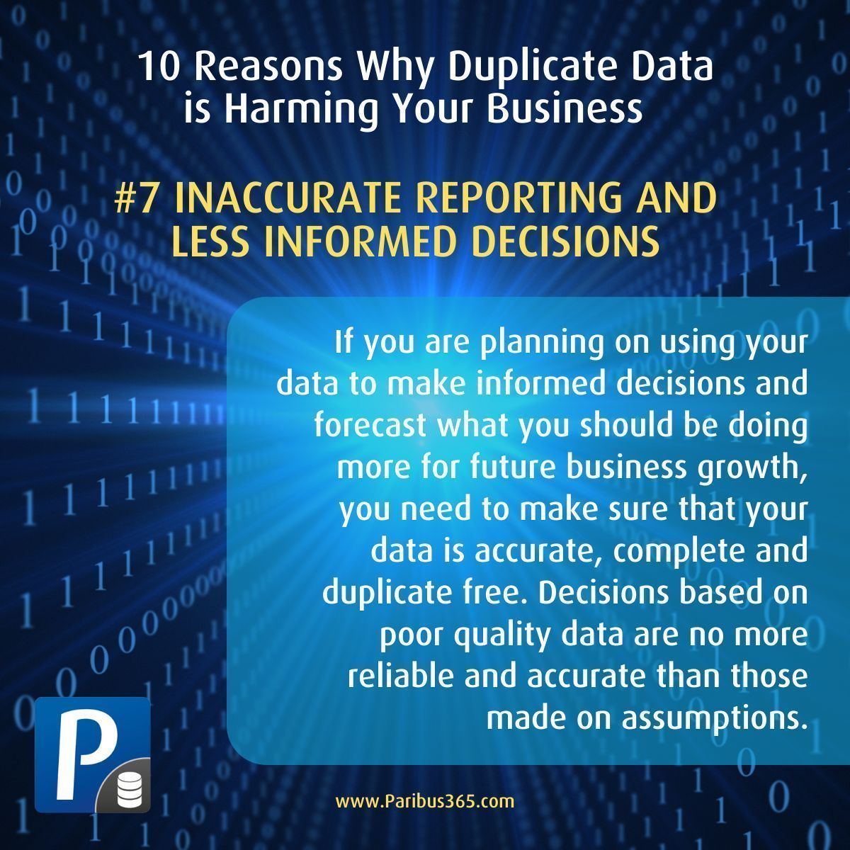 ⭐10 REASONS WHY DUPLICATE DATA IS HARMING YOUR BUSINESS ⭐

7. INACCURATE REPORTING AND LESS INFORMED DECISIONS

Decisions based on poor quality data are no more reliable and accurate than those made on assumptions.

Read more: buff.ly/3Ikvahz 

#Dynamics365 #DataQuality