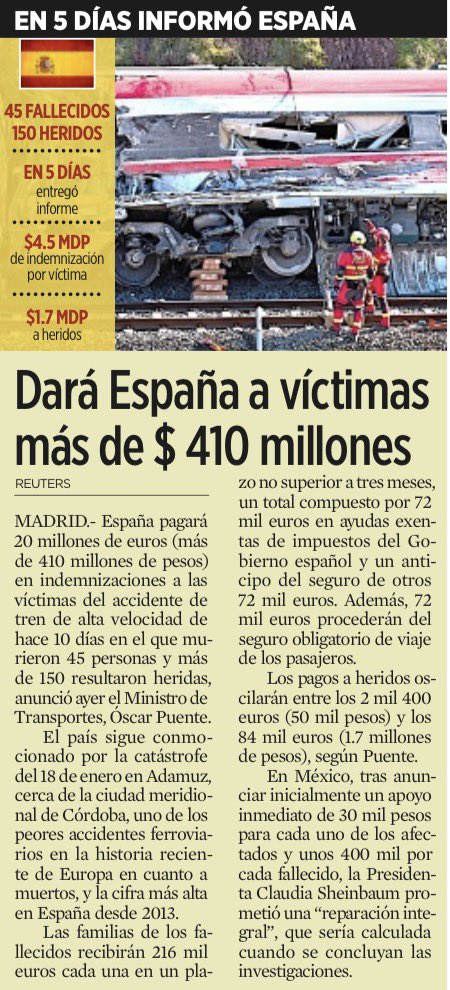 bereaguilarv's tweet image. Hay niveles…

❗️España: Víctimas al centro. 
5 días, informe listo. 
Indemnizaciones millonarias. Más de $410 mdp. 
4.5 millones por fallecido y apoyos inmediatos. 
Herido: 1.7 mdp 

❗️México: Proteger a Bobby al centro. 
Promesas al aire. 
30 mil pesos por fallecido. 
Y ya.