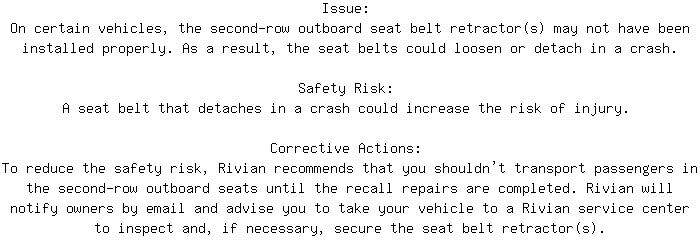 CanadianRecalls's tweet image. Safety Recall for 2023 RIVIAN R1T Seats And Restraints. Approx. 18 units affected.