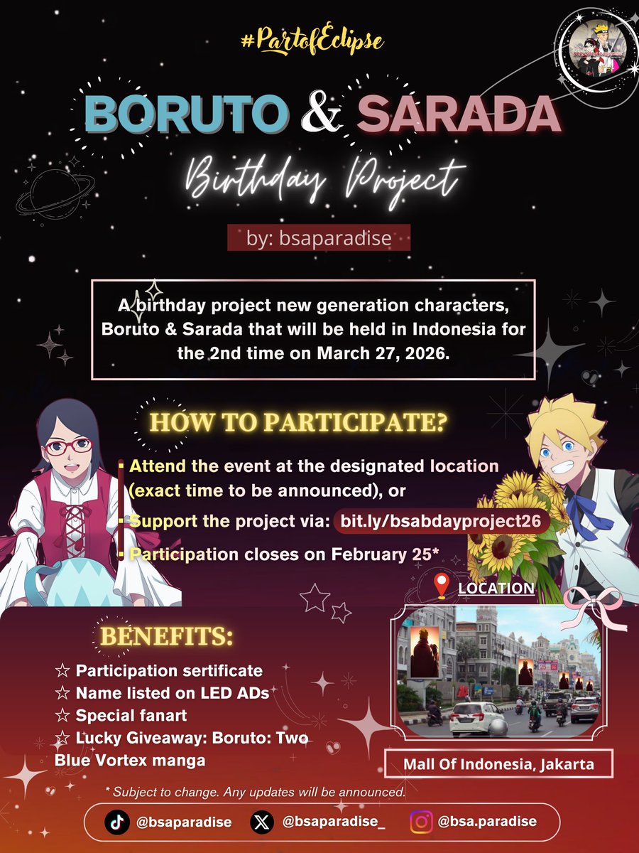 🔩 2nd Boruto &amp; Sarada Birthday Project 🥗 
#PartOfEclipse

The birthdays of Boruto and Sarada are just around the corner! 🎉
There will be exciting prizes for the lucky ones, along with other special benefits 😍

You can support this project via 👇
🔗 bit.ly/bsabdayproject…