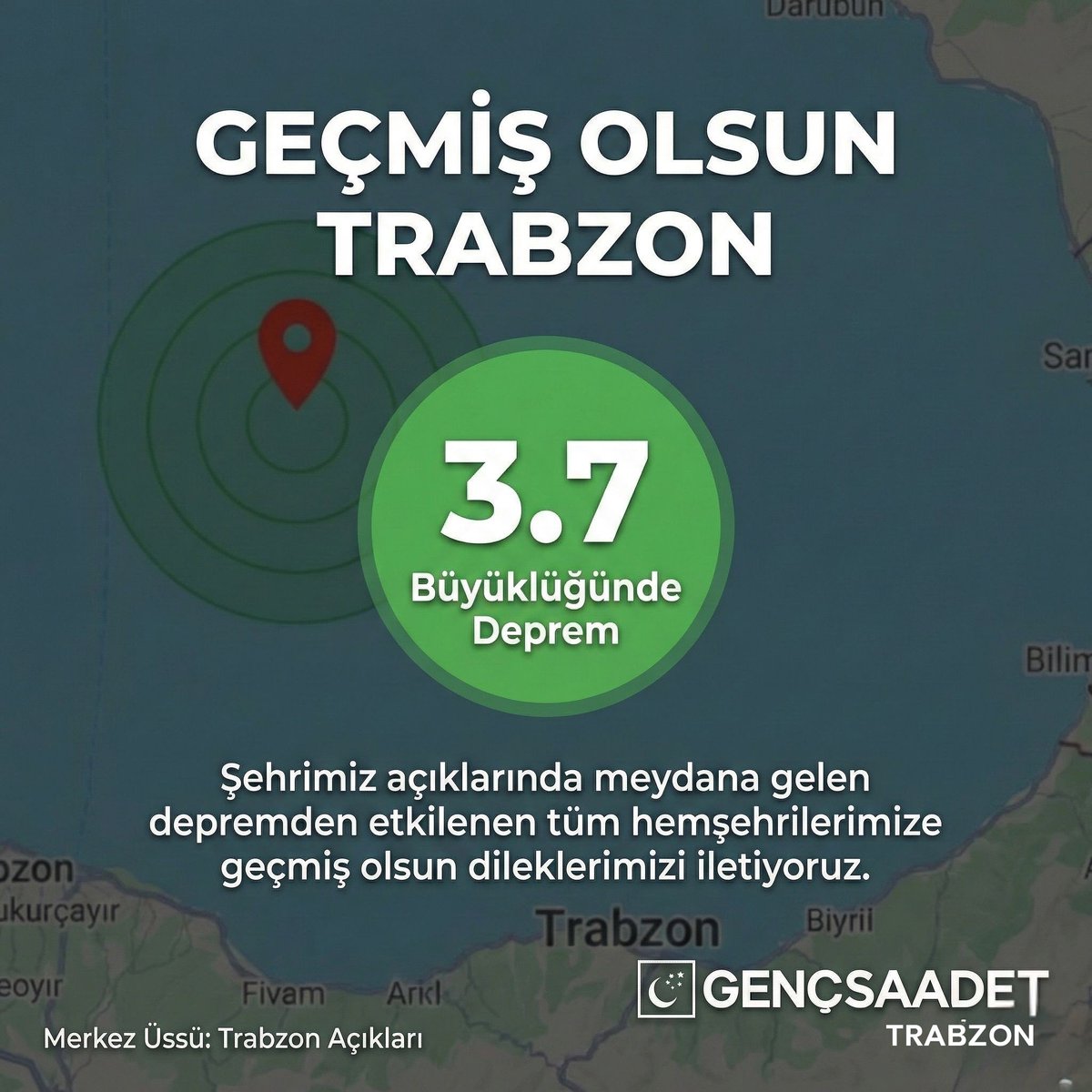 Şehrimiz açıklarında meydana gelen 3.7 büyüklüğündeki depremden etkilenen tüm hemşehrilerimize geçmiş olsun dileklerimizi iletiyoruz.
Cenab-ı Hak, şehrimizi ve ülkemizi her türlü afetten muhafaza eylesin. Can ve mal kaybı yaşanmamış olması en büyük tesellimizdir.