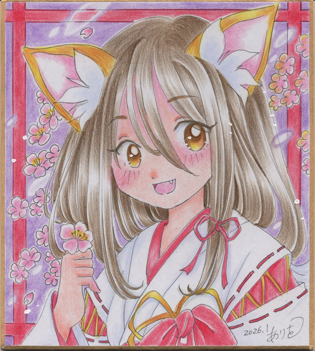 桜キツネちゃん🦊🌸」 イベント用ミニ色紙描いてます🎵 #アナログ