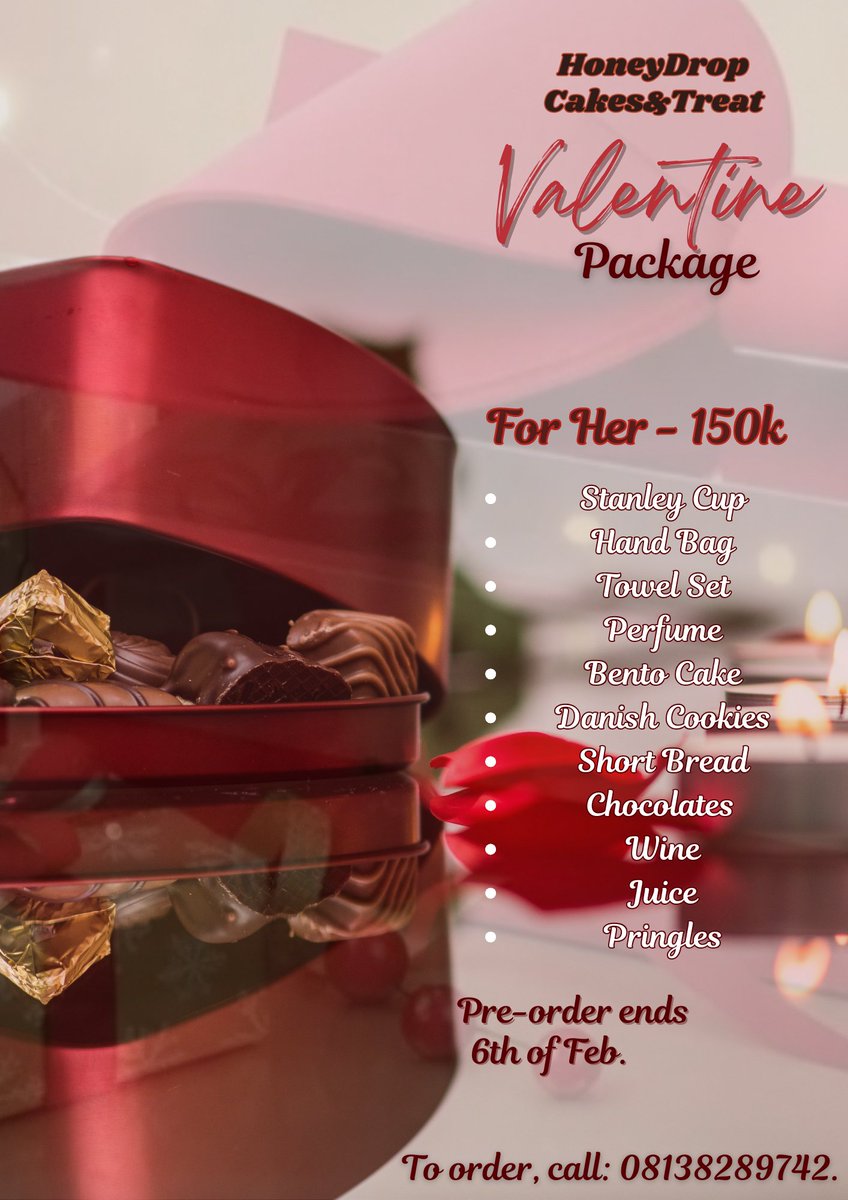 kennyhaleemah's tweet photo. Love deserves to be felt… and tasted. 🍫💝

Surprise him/her with our thoughtfully curated box of sweetness and indulgence......

Limited slots available | Pre-order ends Feb 6

Call/WhatsApp: 08138289742

#ValentineGifts #HoneyDropCakes #LoveInABox #Vendorena https://t.co/3Uf0R8bAD6