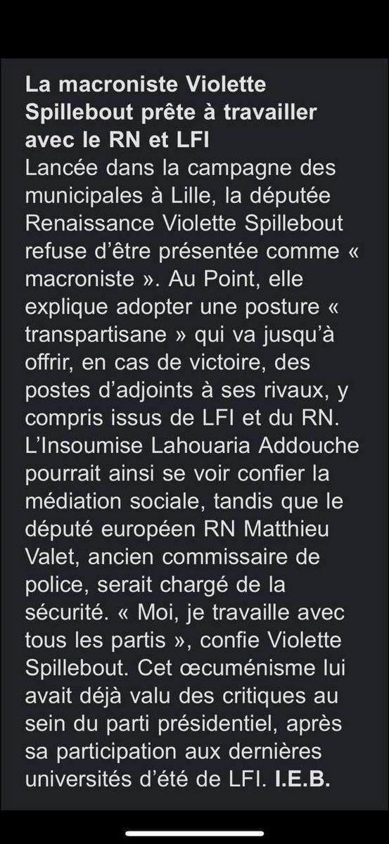 <a href="/AissaElMorabiti/">Aïssa El Morabiti</a> C’est vrai que Violette Spillebout ne franchit aucune ligne rouge quand elle propose un siège d’adjoint au RN… Vous cautionnez ? 🎤