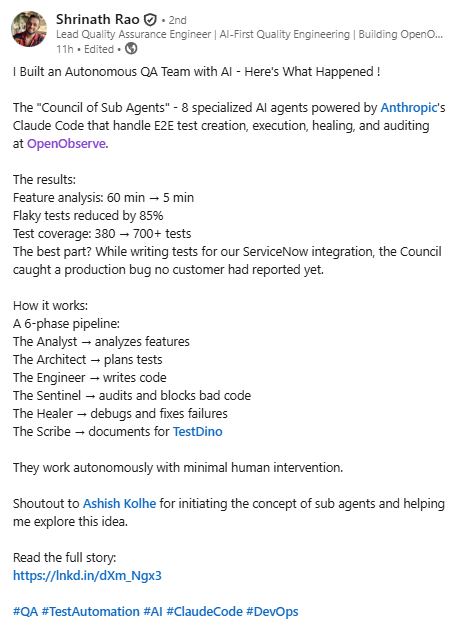 This is AI-native QA 🔥

Autonomous agents analyze features, write tests, self-heal flakes. 

60min→5min, 85% fewer flakes.

Huge props to <a href="/OpenObserve/">OpenObserve</a>  team!

TestDino's MCP server makes testing intelligence queryable by agents.

 #AIAgents #TestAutomation