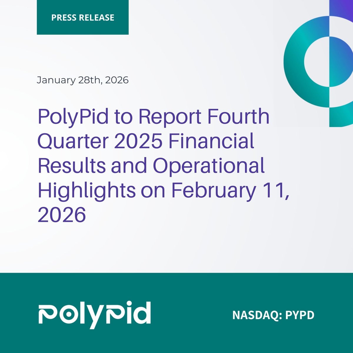 $PYPD PolyPid to Report Fourth Quarter 2025 Financial Results and Operational Highlights on February 11, 2026

Read the Full News Release 👉 globenewswire.com/news-release/2…