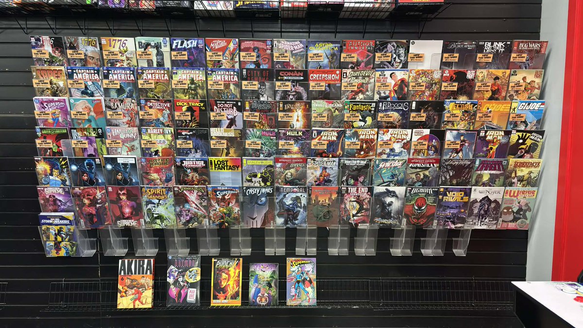 4HorsemenComics's tweet photo. The New Release wall is jam-packed for #NewComicBookDay! Highlights this week include Absolute Batman #16, Iron Man #1, Absolute Wonder Woman #16, G.I. Joe #18, Malevolent #1, and Spirit of the Shadows #1! Stop by and see what you’d like to add to your pullbox! https://t.co/wzkKKC4to3