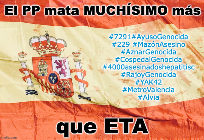 ateosdebcn's tweet photo. @112cmadrid #7291asesinadas #AyusoGenocida #CospedalGenocida #AznarGenocida #229asesinadas #MazónAsesino #YAK42 #4000hepatitisc #RajoyGenocida #YAK42 #MetroValencia #Alvia #ElPPesPEORqueETA #ElPPmataMUCHÍSIMOmásqueETA https://t.co/dCwpxR0hBv