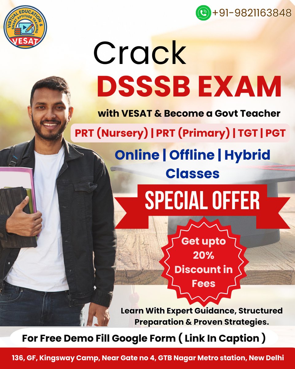 VesatEdu's tweet photo. Your dream of becoming a Government Teacher is closer than you think.
Crack the DSSSB Exam with the right strategy, expert guidance, and consistent practice at VESAT.

📚 Concept-driven teaching
🎯 Exam-oriented preparation
👨‍🏫 Proven selection support

Call- 9821163848 https://t.co/1JxpvNFwfO