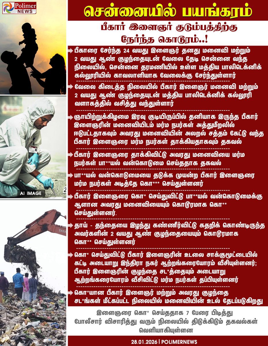 பீகாரை சார்ந்த இளைஞர் மற்றும் அவரது மனைவி இரண்டு வயது மகன் உட்பட மூவரையும் கொன்று குப்பைக்கிடங்கில் வீசிய வழக்கில் பீகாரை சார்ந்த 5 இளைஞர்கள் கைது !

மது போதையில் கவுரவ் குமார் என்ற இளைஞரின் மனைவியை பாலியல் வன்கொடுமை செய்துள்ளனர் தடுக்கப்போன கவுரவ் குமார் மற்றும் அவரது இரண்டு