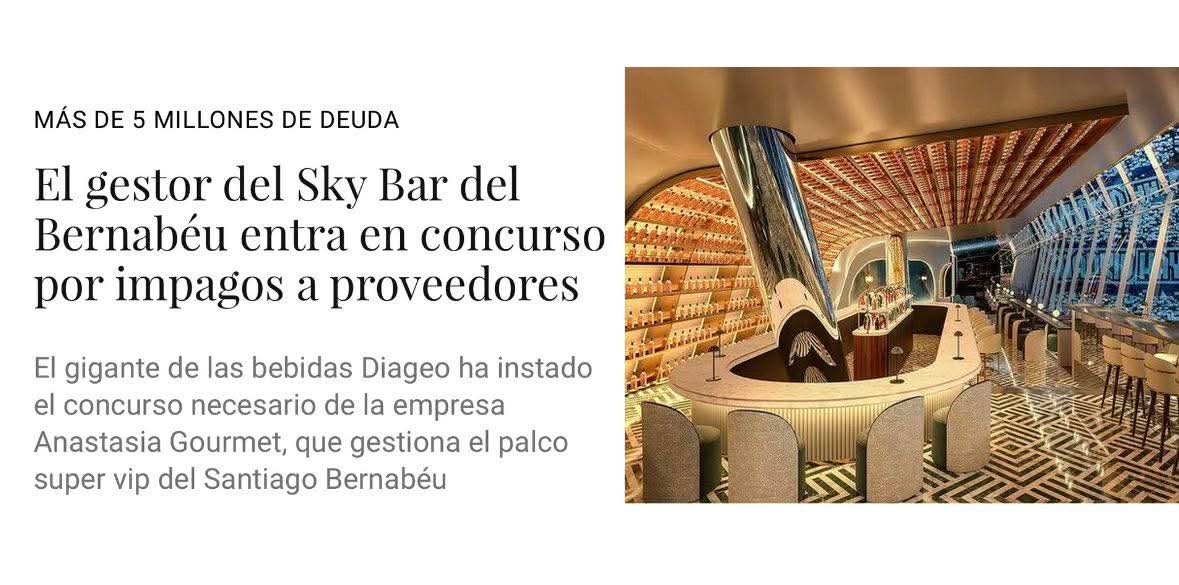 #ULTIMAHORA | El gestor del Sky Bar del Santiago Bernabéu entra en concurso por impagos a proveedores y ahora otra VÍA de INGRESOS para el Real Madrid de Florentino Pérez QUE SE VA AL CARAJO !!!!

Repasamos :

❌ Conciertos 

❌ Parkings

❌ Sky Bar

❌Superliga