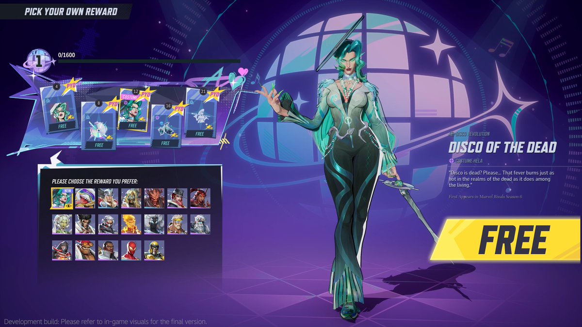 mmmmmmmmiller's tweet image. ‼️ NEW: CHOOSE YOUR OWN REWARD

Not feeling the free Disco Revolution look for Hela? You'll be able to swap it out on the new Flight Mode! World Tour Merch Event Pass for any of the earlier free event costumes you might have missed, and get that one instead! #MarvelRivals
