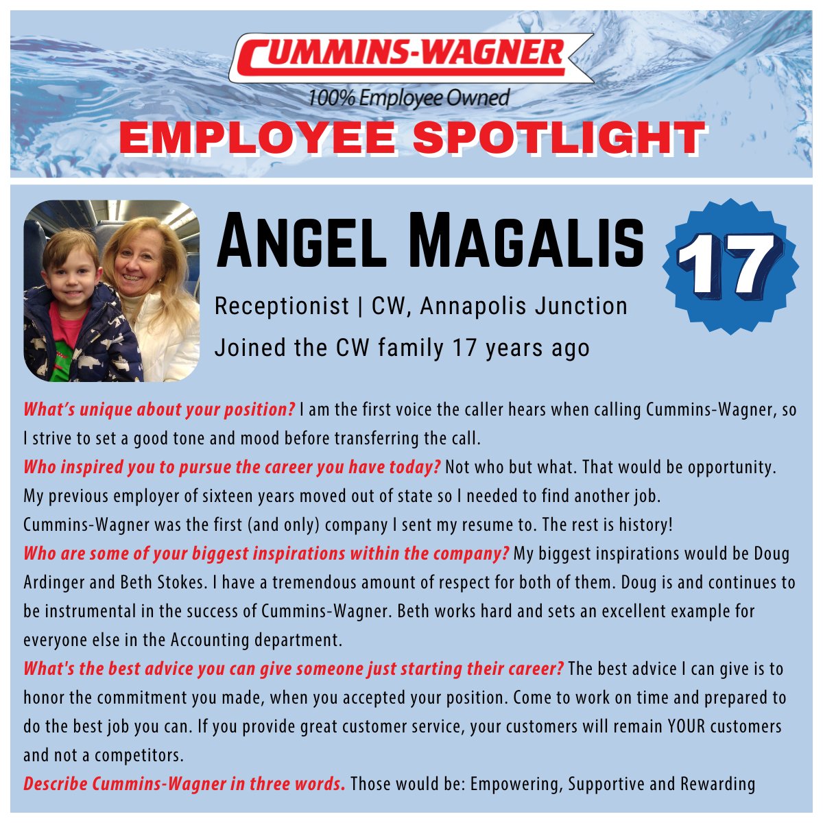 Team members like Angel are at the heart of our employee-owned culture. As our HQ receptionist, she’s often the first voice people hear and she sets the tone with professionalism, warmth, and care.
Learn more: cummins-wagner.com/careers/
#EmployeeOwned #TeamSpotlight #PeoplePower
