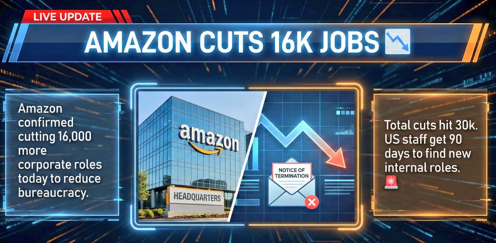 UpdateWasPlain's tweet image. 🚨Amazon Cuts 16k Jobs 📉

Amazon confirmed cutting 16,000 more corporate roles today to reduce bureaucracy.

Total cuts hit 30k. US staff get 90 days to find new internal roles. 

#Amazon