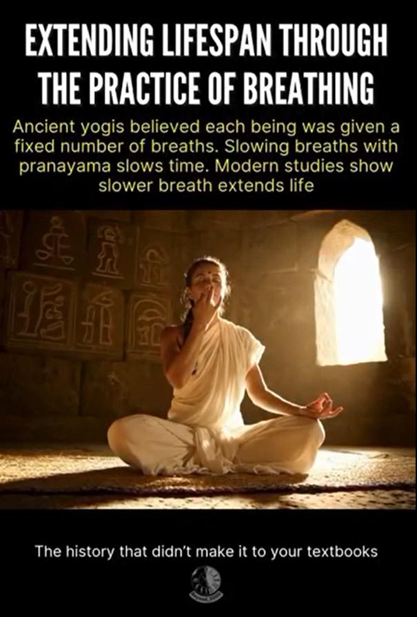 HistoryBeyondBC's tweet photo. Ancient yogis believed every human is born with a limited number of breaths.

#Pranayama #AncientWisdom #Breathwork #YogaScience #Longevity #HumanPotential #MindBody #AncientIndia #HealthHistory #BeyondHistory https://t.co/etrrfRIbqr