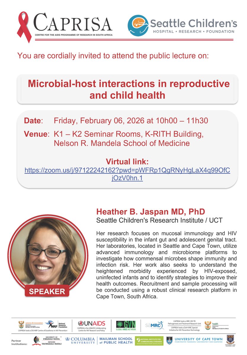 CAPRISAOfficial's tweet photo. SAVE THE DATE!!! Microbial-host interactions in reproductive and child health. A public lecture by Dr. Heather B. Jaspan. https://t.co/ST2d3Xxkla