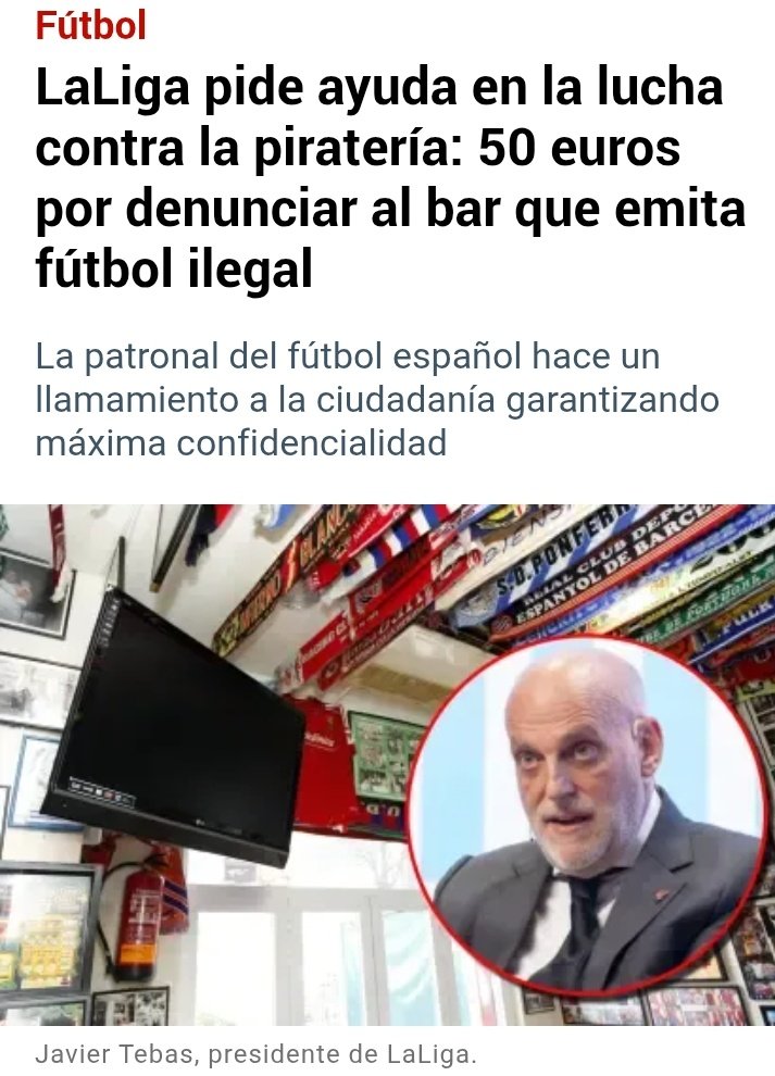 Si, hombre sí, por 50 pavos voy a denunciar al que me pone de desayunar,almorzar, comer, cenar o simplemente unas cañas y trabaja de sol a sol, mientras tú sentado en una poltrona cobras en un año lo que yo en una vida.
Jodete <a href="/Tebasjavier/">Javier Tebas Medrano</a> 🖕🏻🖕🏻🖕🏻
