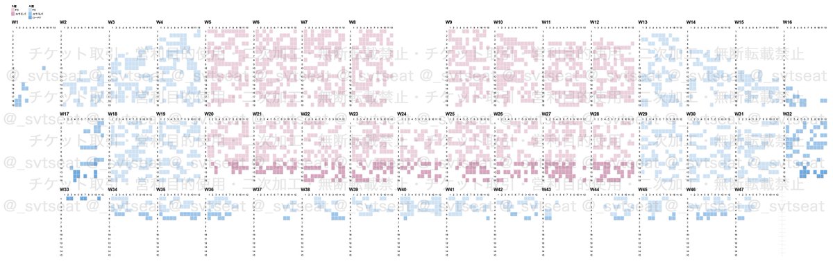 ✍️集計状況②（Wブロックのみ）

S席のブロック番号がEブロックと異なります⚠️
Wブロック：5〜12、20〜28
Eブロック：5〜12、21〜29

A席の配置も少し違いそうですが、W1・17が謎です……🫠

cxm ギュチョル 幕張 座席予想 アリーナ構成予想