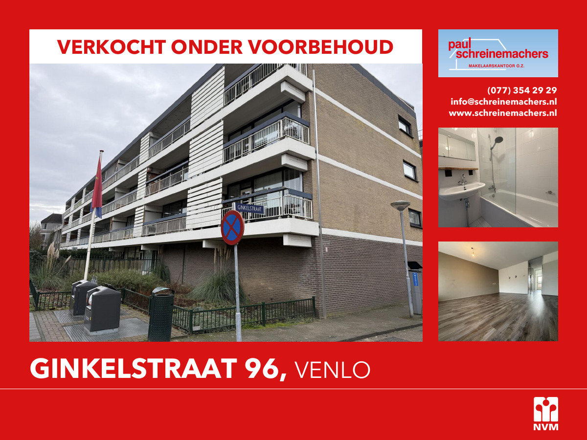 ❗VERKOCHT ONDER VOORBEHOUD❗️
Ginkelstraat 96, Venlo

Op een uitstekende locatie, nabij het centrum van Venlo, het Wilhelminapark en de Maas, ligt dit ruime 3-kamerappartement op de tweede verdieping.