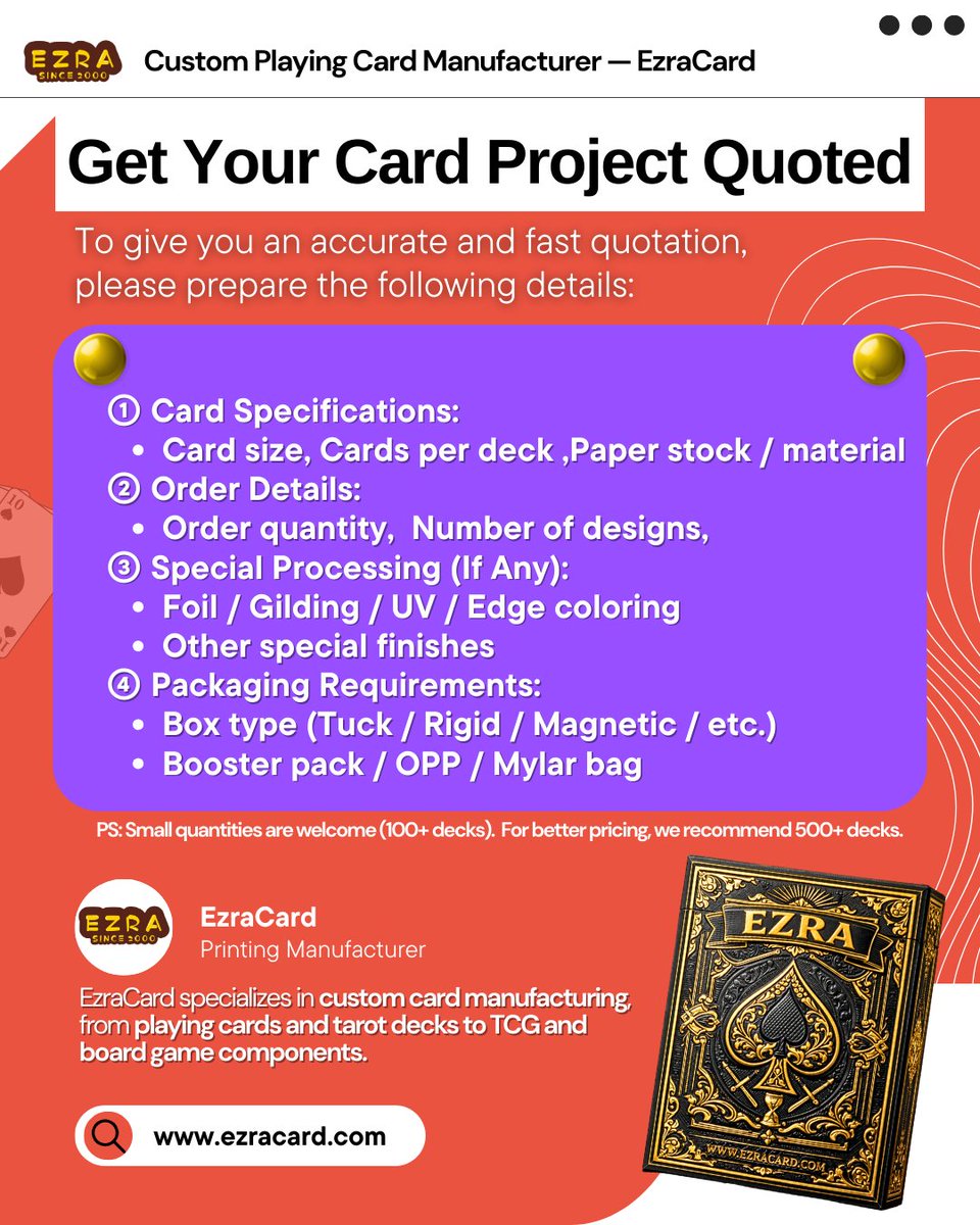CustomGameDecks's tweet image. ✨ Everything you need to prepare for custom card printing — in one image.
🤔 Want a faster and more accurate quote?
👉 Here’s what we need for your card project.

#CustomCards #PlayingCards #TarotCards #TCG #CardPrinting #CardManufacturer #BoardGameComponents #SpecialFinishes