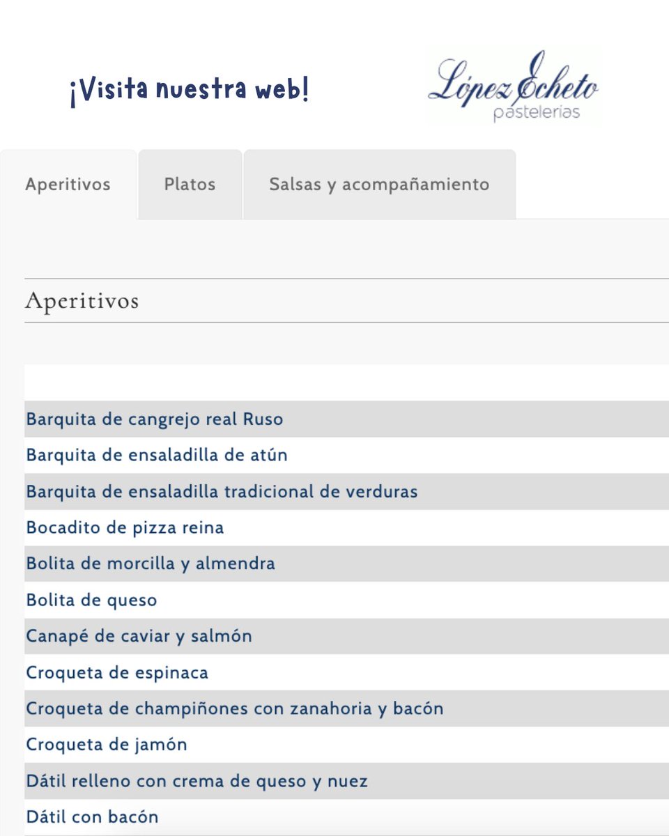 En nuestra web podrás encontrar nuestro listado de cocina salada para tus encargos, ¡visítala y descubre todas nuestras opciones!

💻 lopezecheto.com

➡️ Encargos al 📲 922 250 629 o el email 📩 encargos@lopezecheto.com
