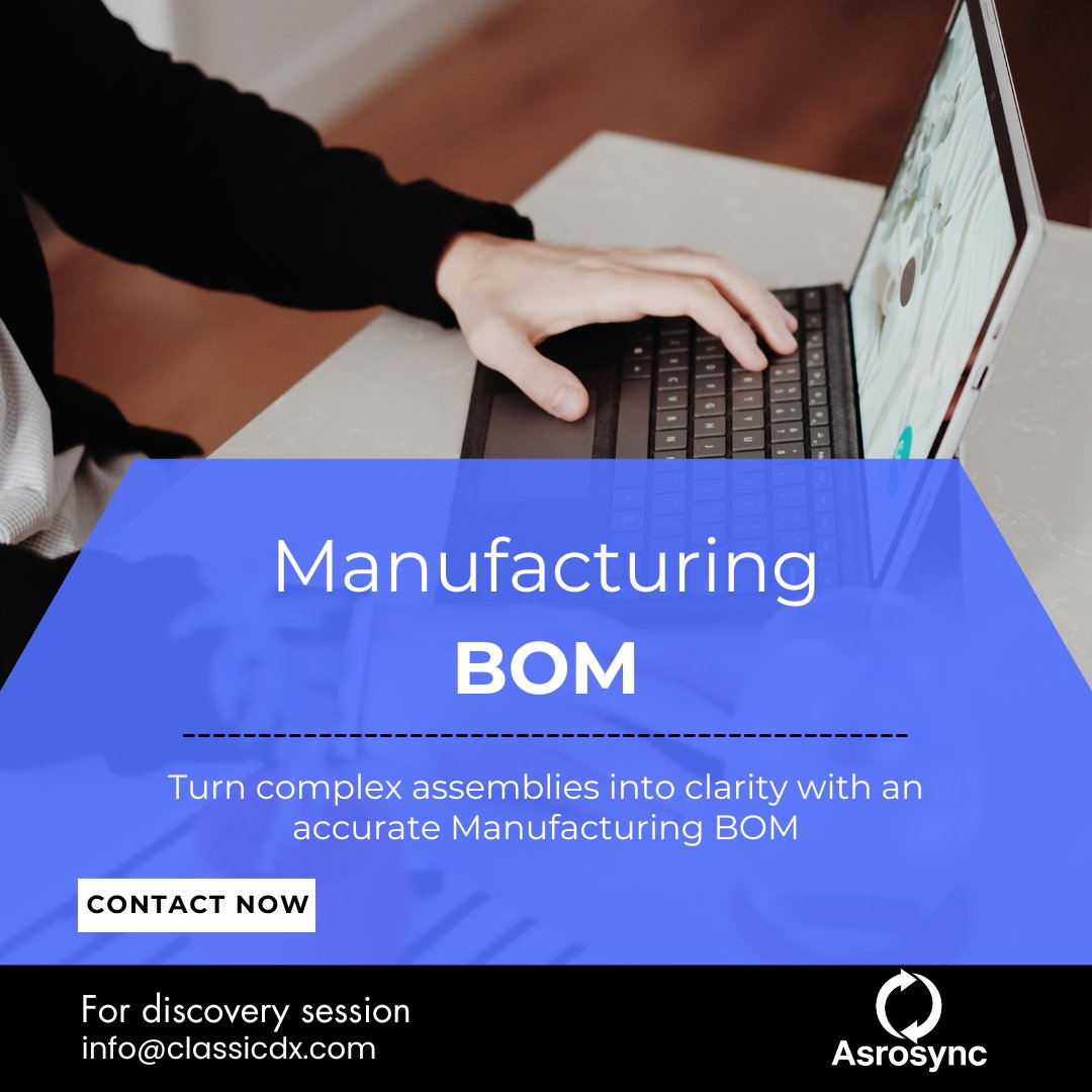AsroSync's tweet image. Manufacturing BOM is where design intent becomes production reality.

An accurate Manufacturing BOM eliminates confusion on the shop floor by translating complex assemblies into clear, actionable structure.

For more details visit asrosync.com or call +1 470 707 2943