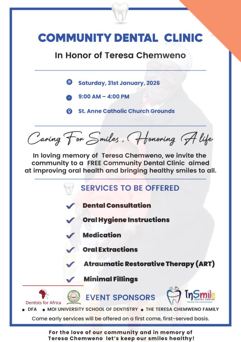 To the great people of Moibenshire!!!

We’re keeping the community smiling in honor of Gogo Teresa Chemweno. ❤️ Join us for a day of free dental services at St. Anne Catholic Church Grounds this Saturday, Jan 31st. 😁