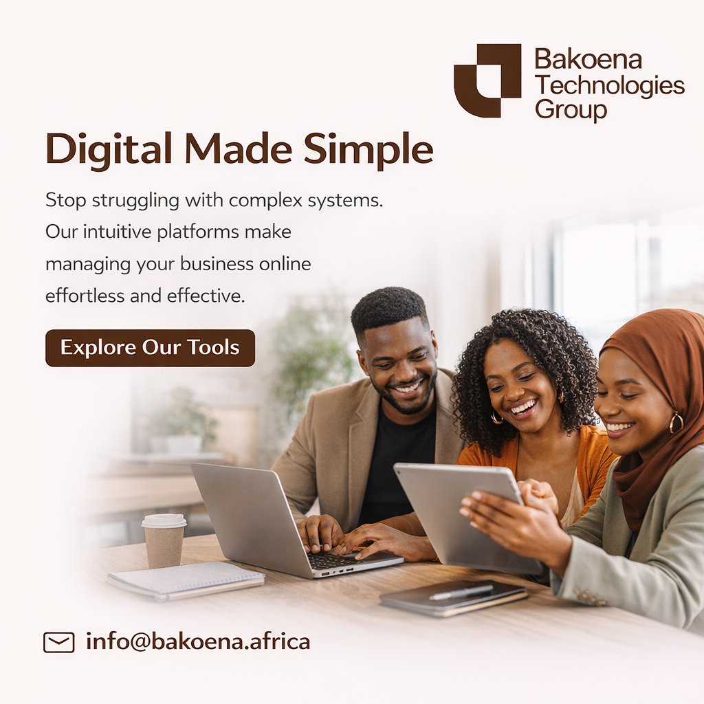 bakoenatech's tweet photo. Digital does not have to be complicated.
At Bakoena Technologies Group, we build smart, intuitive tools that help businesses work better online without the stress.
Ready to make digital simple? Let us build smarter, together.
#DigitalMadeSimple #BakoenaTechnologies https://t.co/WvZxU4GOFg