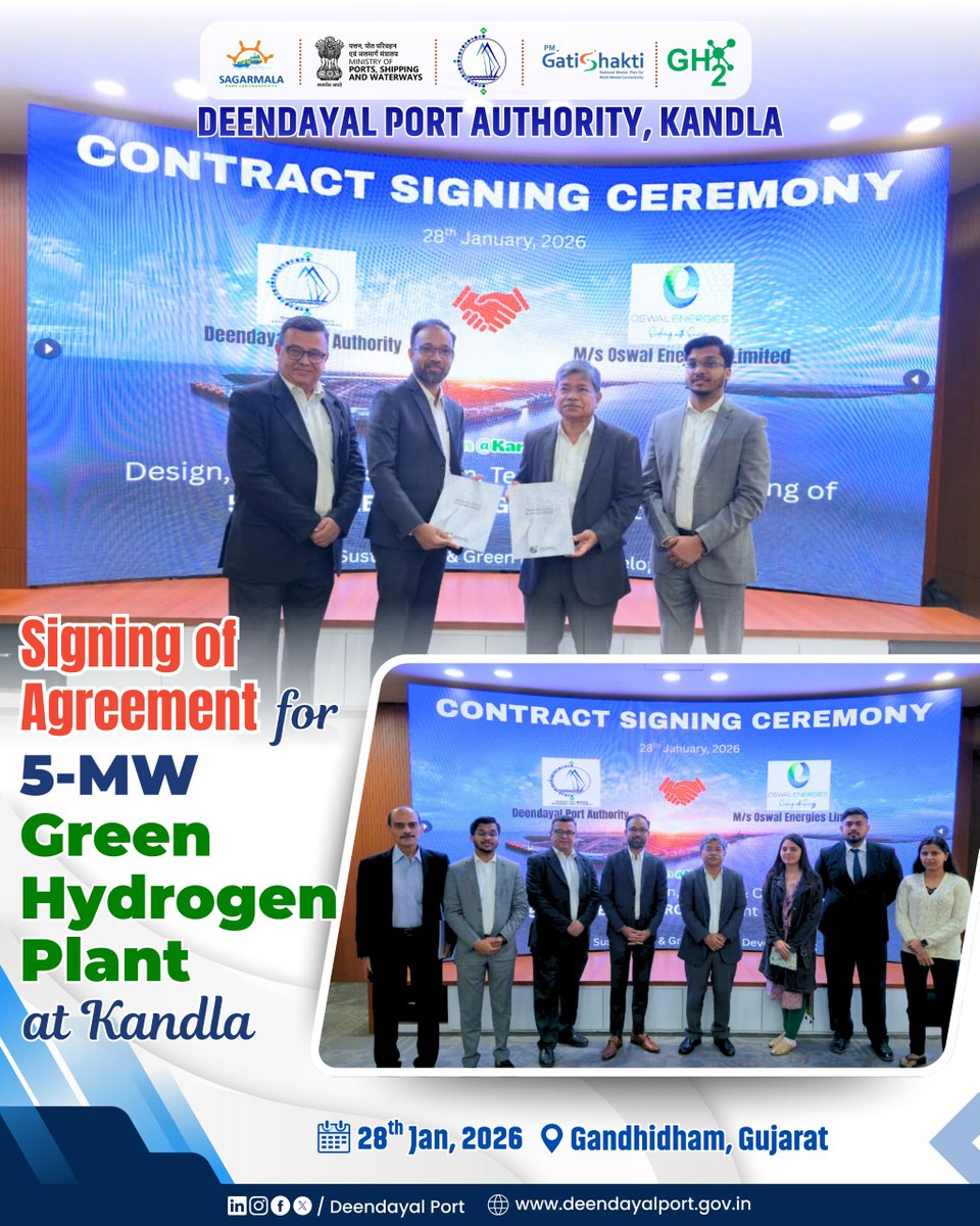 Deendayal_Port's tweet photo. DPA, Kandla awards work for setting up a 5-MW Green Hydrogen Plant at Kandla to Oswal Greenzo Energies. A landmark step towards sustainable, future-ready port infrastructure. 🚢🌱 

By integrating cutting-edge renewable technologies, Deendayal Port, Kandla continues to lead India’s maritime decarbonisation journey, strengthening its role in building a low-carbon, innovative and globally competitive maritime ecosystem. 🇮🇳⚓

#DPA #Kandla #GreenHydrogen #NationalGreenHydrogenMission #GreenPorts #Decarbonisation #SustainableMaritime #FutureReadyPorts