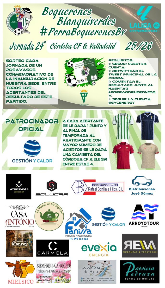 Llega la Jornada 24 de nuestra #PorraBoqueronesBv. Volvemos al Reino, hay que sacar los puntos de casa como sea.

No olvidéis participar y cumplir los requisitos.

Porra patrocinada por <a href="/GYCenergy/">Gestión Y Calor</a>.

⚽️🤍💚🤍⚽️