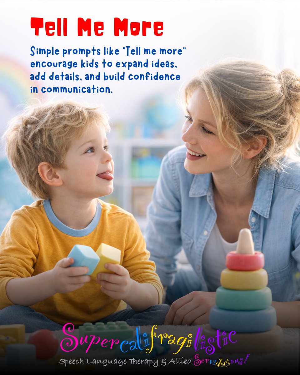 SuperTherapy's tweet photo. “Tell me more” helps kids build longer sentences 🗣️💬
Simple prompts = stronger language
#speechtherapy #expressivelanguage https://t.co/hCMamYPWQE