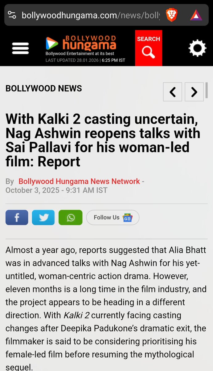 reshmapatel99's tweet photo. @PallaviverseAB @nagashwin7 This is a fake rumor started by a twitter page. Sai pallavi is offered only  a female oriented film nag ashwin has plans to do https://t.co/pSZokXiCW6